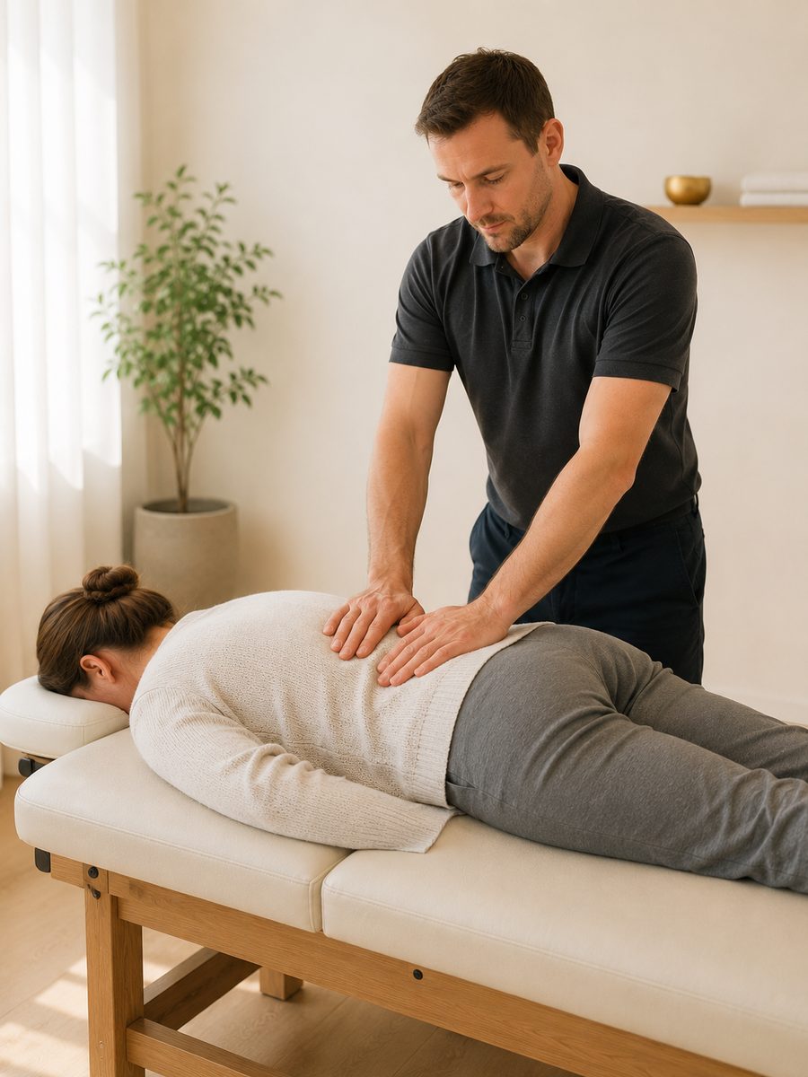 Osteopathische Behandlung: beide Handflächen liegen flächig auf dem unteren Rücken einer bekleideten Patientin, die auf dem Bauch auf der Liege liegt