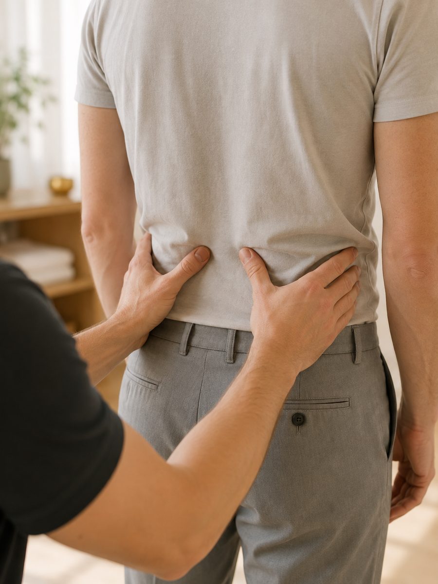 Nahaufnahme: zwei Daumen tasten den unteren Rücken eines stehenden, bekleideten Patienten von hinten ab
